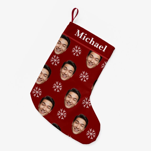 Funny Custom Face & Name Red Snowflake Small Christmas Stocking (Front (Hanging))
