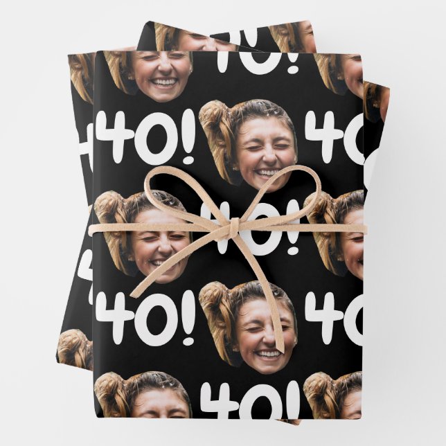 Funny Custom Face Photo Birthday Age Black Wrapping Paper Sheets (In situ)