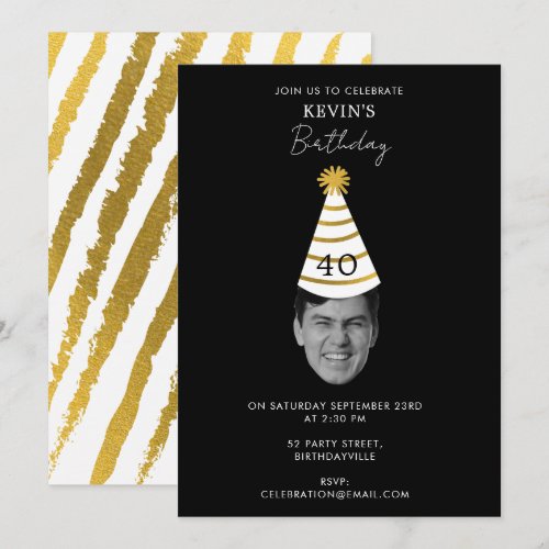 Funny Custom Face Photo Black Gold Birthday Party  Invitation