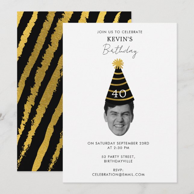 Funny Custom Face Photo Black Gold Birthday Party  Invitation (Front/Back)