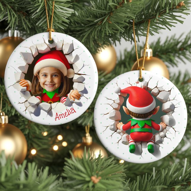 Funny Custom Face Photo Christmas Elf Name Holiday Ceramic Ornament (Funny custom face photo crashing Christmas elf personalized name cute keepsake holiday ornament gift)