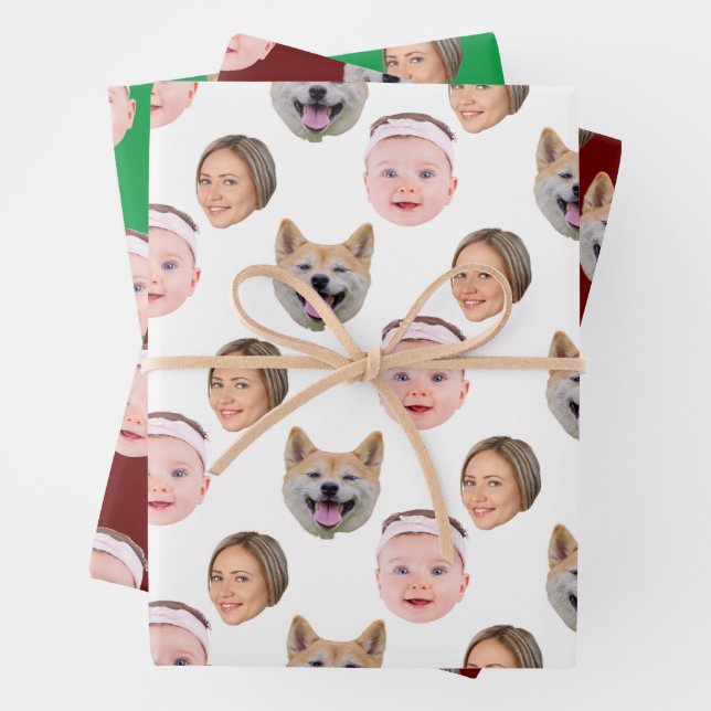 Funny Custom Face Photo Family 3 Photos Wrapping Paper Sheets (In situ)