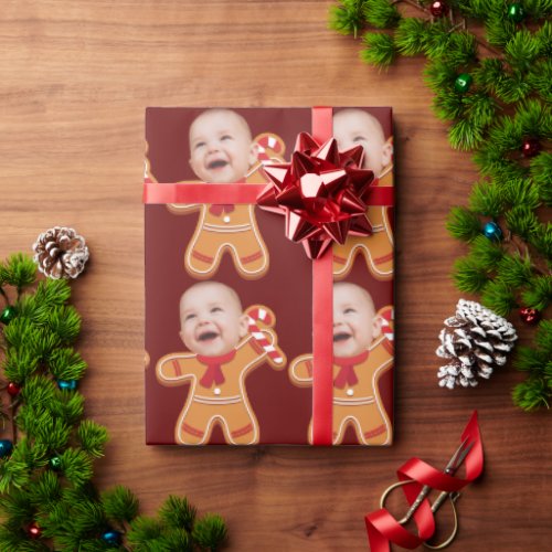 Funny Custom Face Photo Gingerbread Xmas baby Wrapping Paper