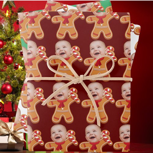 Funny Custom Face Photo Gingerbread Xmas baby Wrapping Paper Sheets