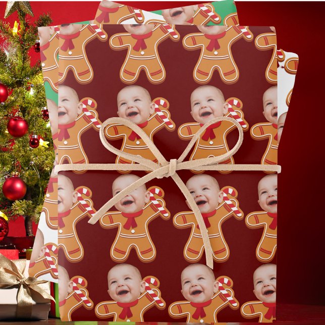 Funny Custom Face Photo Gingerbread Xmas baby Wrapping Paper Sheets (Creator Uploaded)