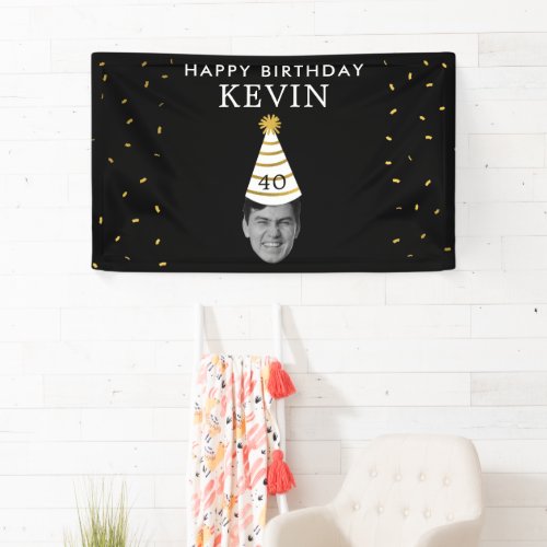 Funny Custom Face Photo Happy Birthday Black Gold Banner