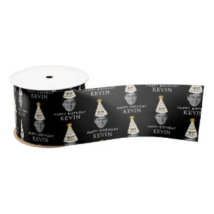 Funny Custom Face Photo Happy Birthday Black Gold Satin Ribbon