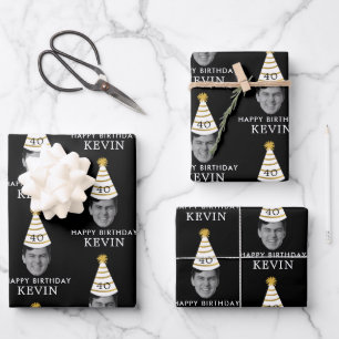 Funny Custom Face Photo Happy Birthday Black Gold Wrapping Paper Sheets