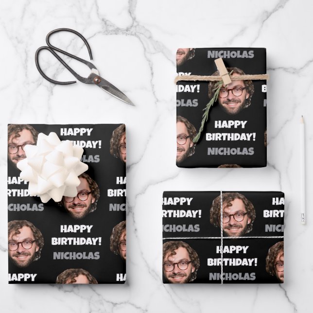 Funny Custom Face Photo Happy Birthday Black White Wrapping Paper Sheets (Front)
