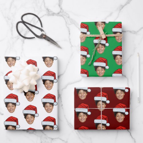 Funny Custom Face Photo Santa Claus Hat Christmas Wrapping Paper Sheets
