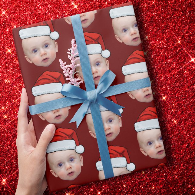 Funny Custom Face Photo Santa Hat Christmas Red Wrapping Paper (Creator Uploaded)