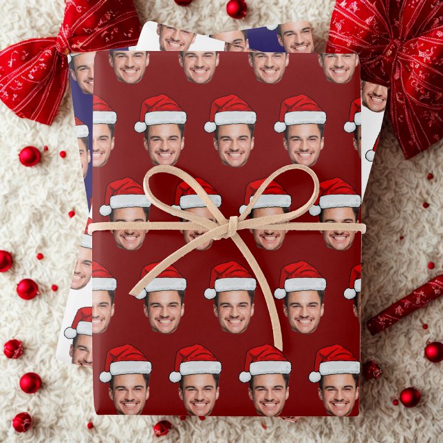 Funny Custom Face Photo Santa Hat Christmas Wrapping Paper Sheets (Creator Uploaded)