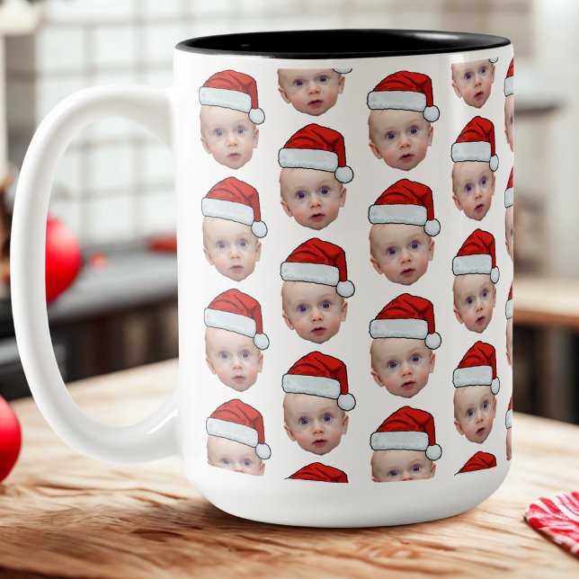 Funny Custom Face Photo Santa Head Christmas Two-Tone Coffee Mug (Creator Uploaded)