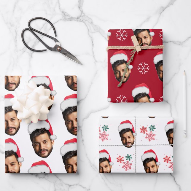 Funny Custom Face Photo Santa Head & Snowflakes Wrapping Paper Sheets (Front)