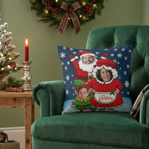 Funny Custom Face Santa Mrs Claus Elf Christmas Throw Pillow