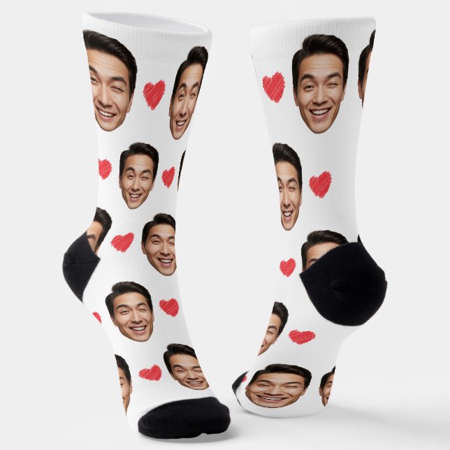 Funny Custom Face with Red Hearts on White Socks (Angled)