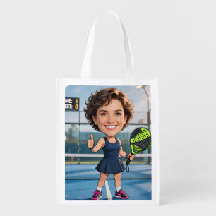 Funny Custom Head Blue Court Caricature Padel Grocery Bag