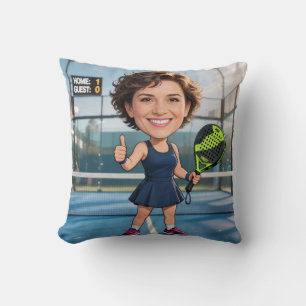 Funny Custom Head Blue Court Caricature Padel Throw Pillow