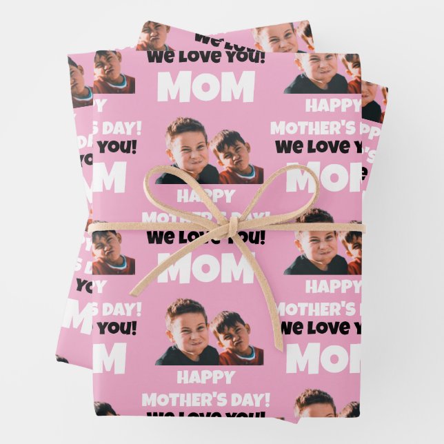 Funny Custom Kids Face Photo Happy Mother's Day Wrapping Paper Sheets (In situ)