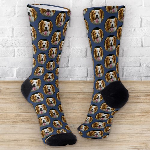 Funny Custom Pet Photo Dog Cat Pattern Blue Socks
