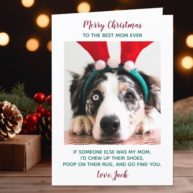 Funny Custom Pet Photo Dog Mom Merry Christmas Holiday Card (Creator Uploaded)