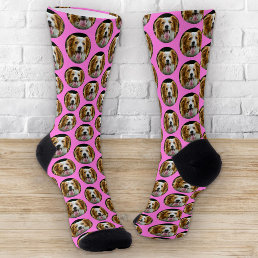 Funny Custom Pet Photo Grid Pattern Pink Humor Socks