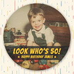 Funny Custom Photo Birthday Look who's 50 Classic Round Sticker<br><div class="desc">Get everyone laughing with these funny custom photo birthday stickers featuring your most iconic baby or childhood photo. The bold “Look Who’s 50” message makes these perfect for milestone birthdays that don’t take themselves too seriously. Personalize with your own photo, name, and age to create hilarious party favors your guests...</div>