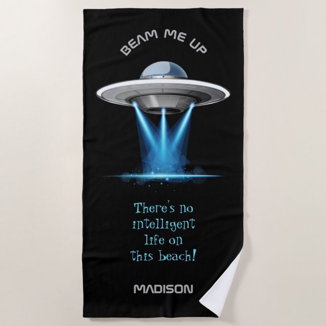 Funny custom text UFO Spaceship beach towel (Front)