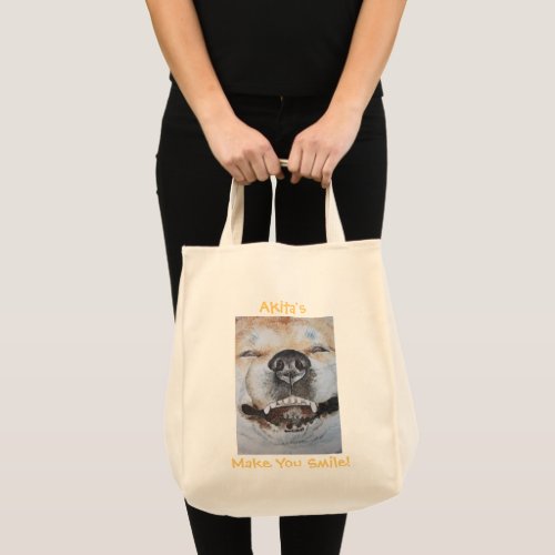 funny cute akita smiling realist dog art tote bag