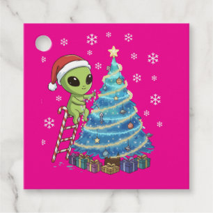 Funny Cute Alien Santa Decorating Space Christmas Favor Tags