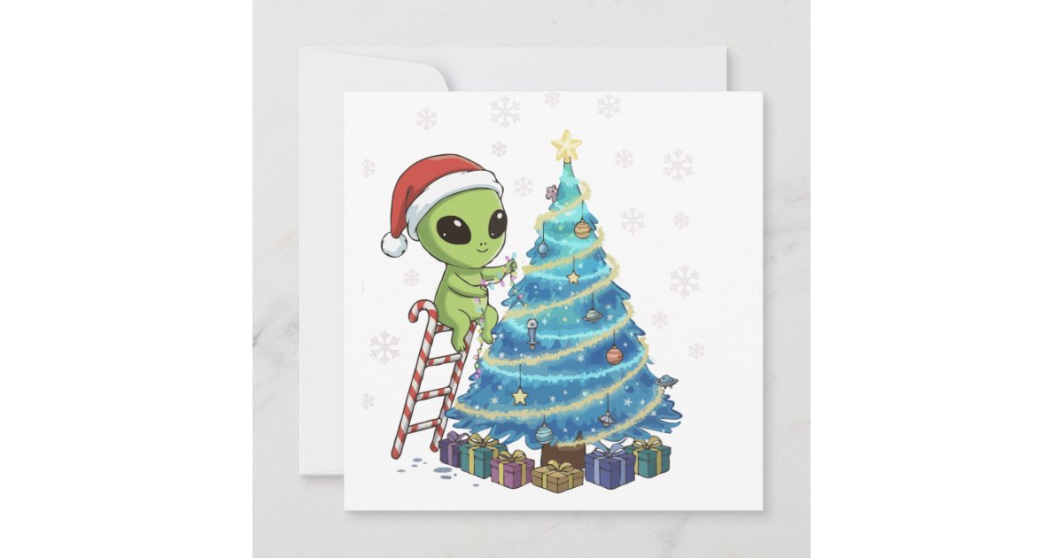 Funny Cute Alien Santa Decorating Space Christmas Holiday Card | Zazzle