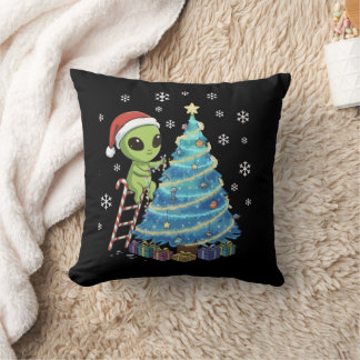 Funny Cute Alien Santa Decorating Space Christmas Throw Pillow