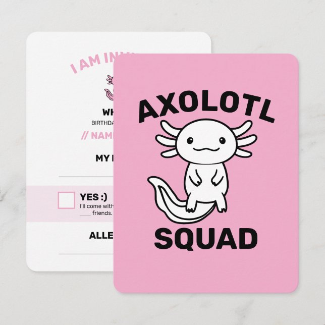 Funny cute Axolotl Squad custom editable pink RSVP Card (Front/Back)