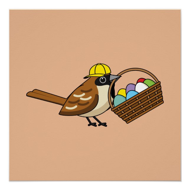 Funny Cute Bird with Colorful Eggs Basket Poster (Front)