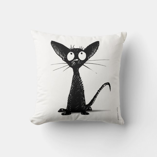 Funny Cute Black and White Cat Art Throw Pillow (Front)
