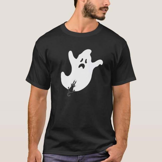 Funny Cute Black Cat Climbing Scared Ghost Spirit  T-Shirt (Front)