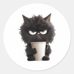Funny Cute Black Cat Coffee Angry  Classic Round Sticker