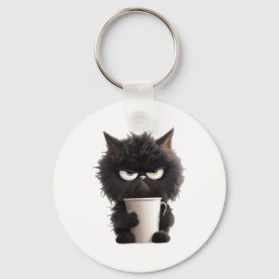 Funny Cute Black Cat Coffee Angry  Keychain
