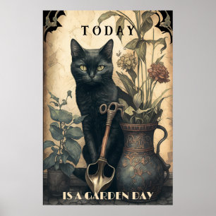 Funny cute Black cat in the garden Poster