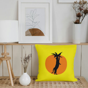 Funny Cute Black Cat Orange Tomato & Bright Yellow Throw Pillow