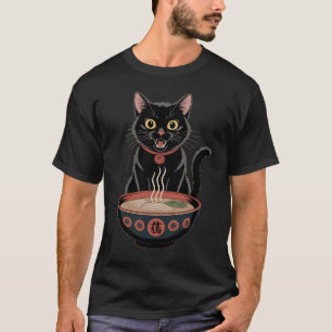 Funny Cute Black Cat Ramen Japanese Art T-Shirt