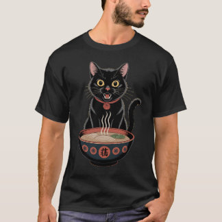 Funny Cute Black Cat Ramen Japanese Art T-Shirt