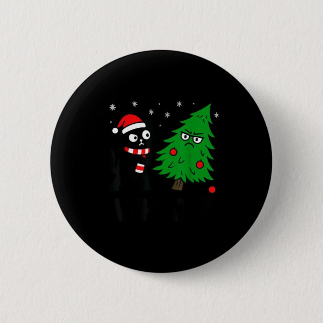 Funny Cute Black Cat What Jamas Christmas Tree Cos Button (Front)