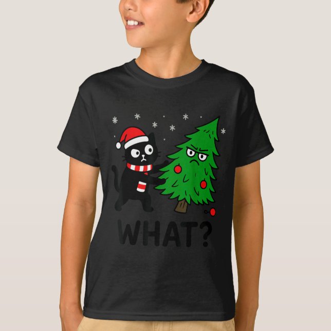 Funny Cute Black Cat What Jamas Christmas Tree Cos T-Shirt (Front)