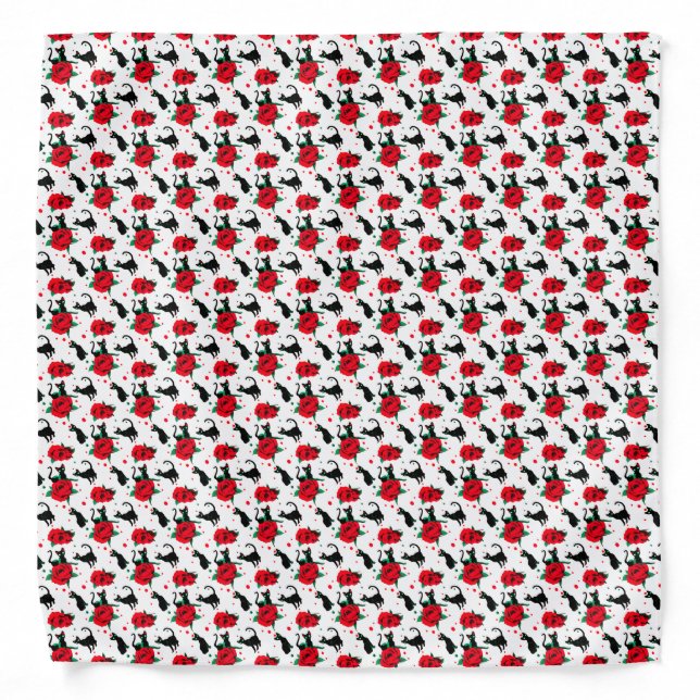 Funny Cute Black Cats Red Roses Pattern Bandana (Front)