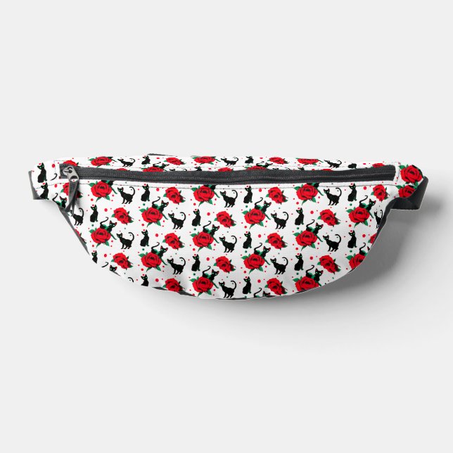 Funny Cute Black Cats Red Roses Pattern Fanny Pack (Lay Down)