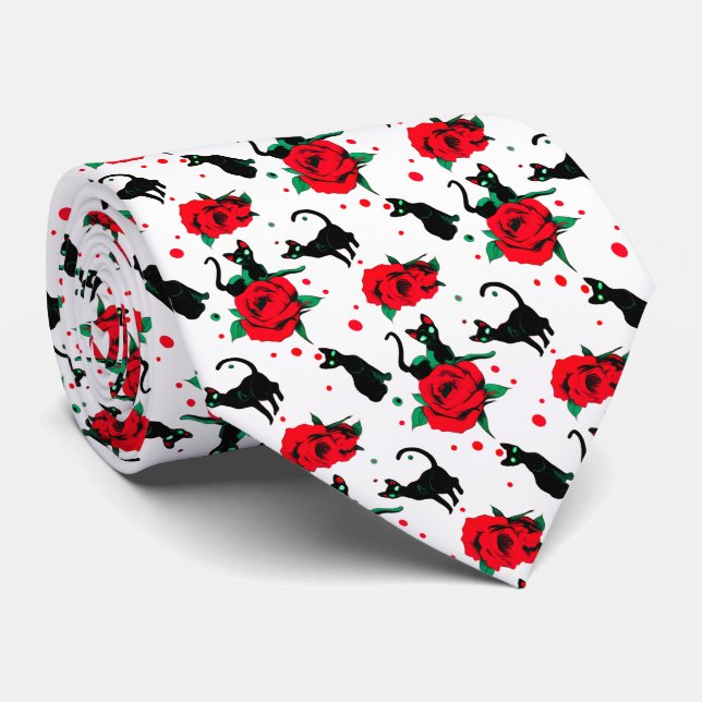 Funny Cute Black Cats Red Roses Pattern Neck Tie (Rolled)