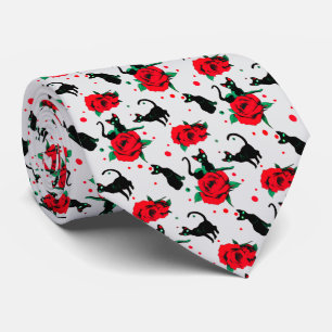 Funny Cute Black Cats Red Roses Pattern Neck Tie