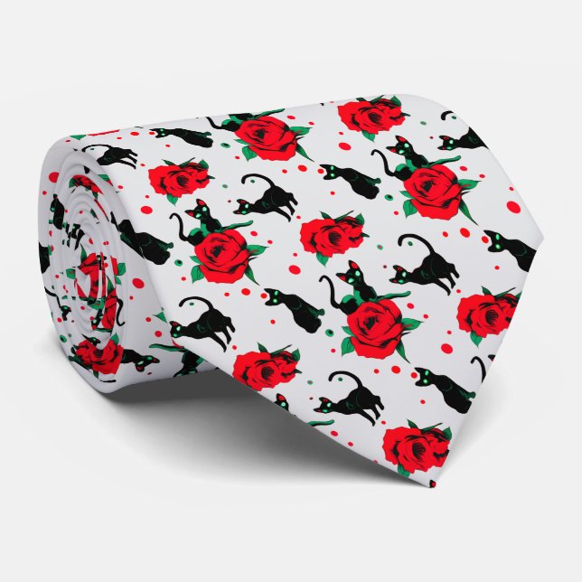 Funny Cute Black Cats Red Roses Pattern Neck Tie (Rolled)