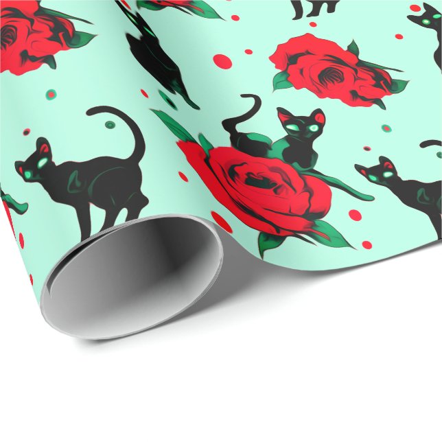 Funny Cute Black Cats Red Roses Pattern Wrapping Paper (Roll Corner)